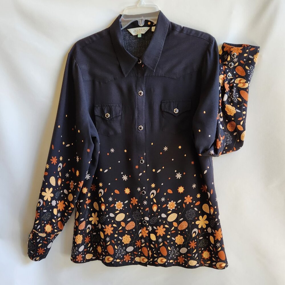 Roper Western Black Floral Print Blouse with Silver and Black Snaps